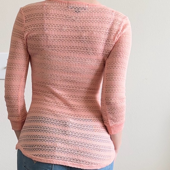 pink top sheer v-neck see-through blouse interesting 3/4 quarter length sleeve - Picture 3 of 9